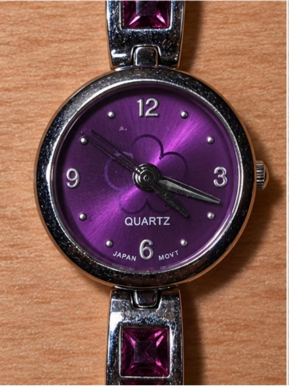Purple Dial Women’s Quartz Watch Silver Tone Bracelet Purple Stones Japan Mov’t